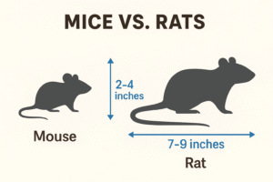 Mice are small, about 2 to 4 inches long. Rats are much larger, typically 7 to 9 inches long.