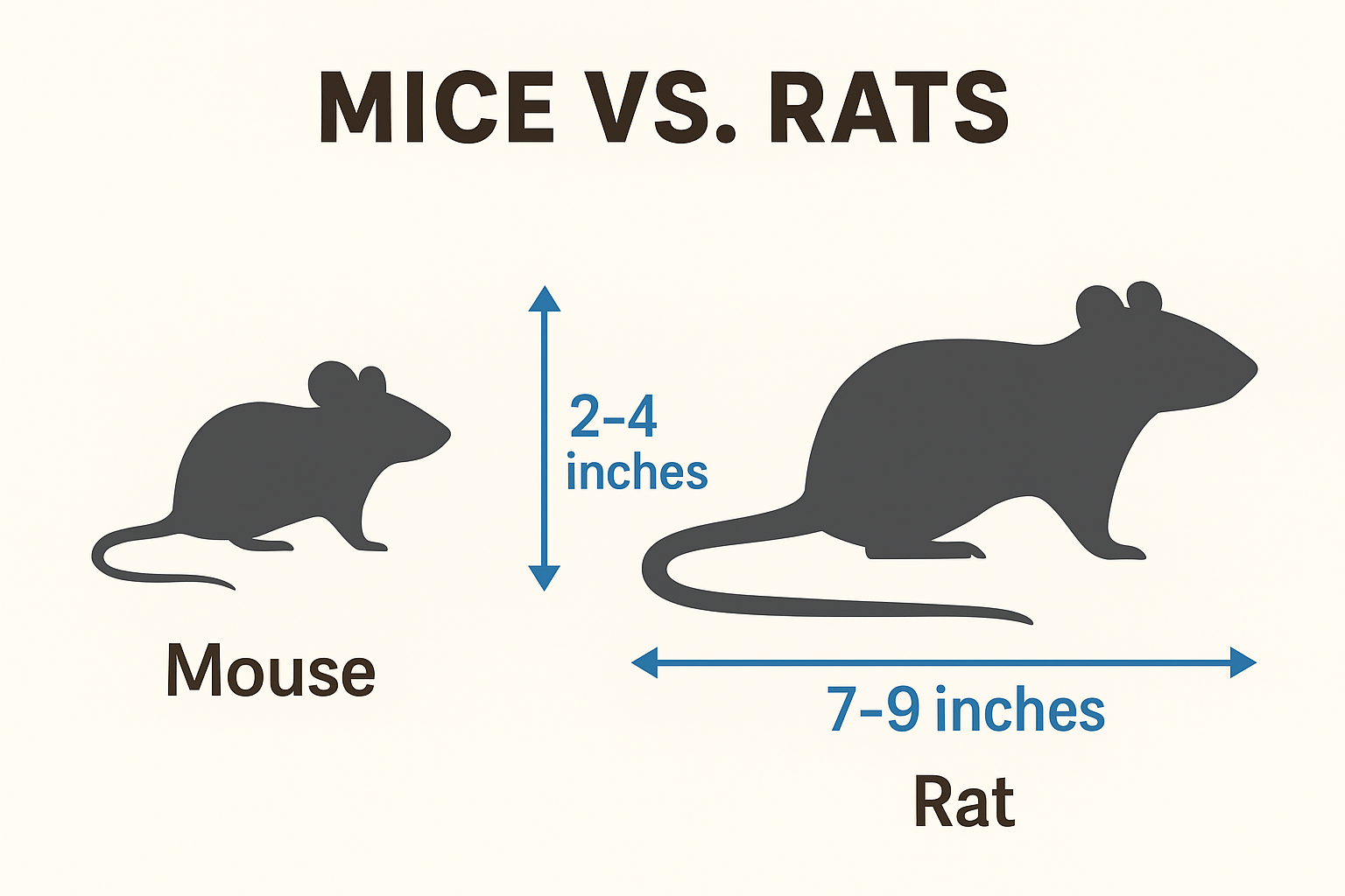Mice are small, about 2 to 4 inches long. Rats are much larger, typically 7 to 9 inches long.