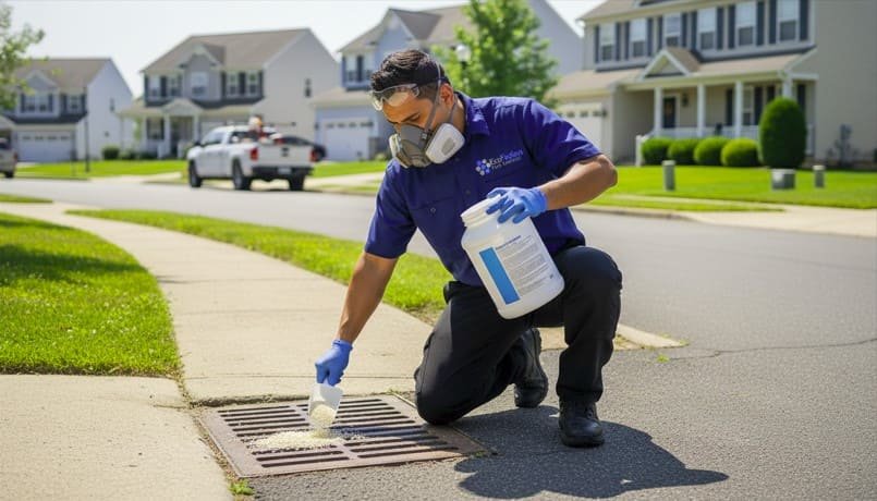 Professional pest control technician applies larvicide treatment into a residential storm drain, carefully targeting breeding areas while wearing protective gear to ensure safe and effective mosquito control.