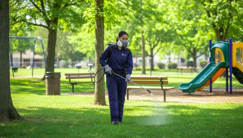 Professional pest control technician applies mosquito barrier treatment around a public park playground, carefully spraying grassy areas and trees near seating spaces while wearing protective gear for safe and effective mosquito control.