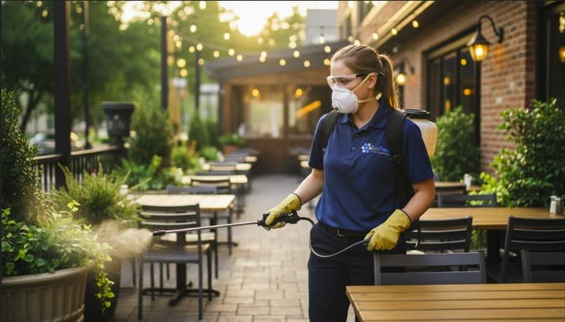 Professional pest control technician applies mosquito barrier treatment around an outdoor restaurant patio, carefully spraying seating areas and plant beds while wearing protective gear for safe and effective pest control.