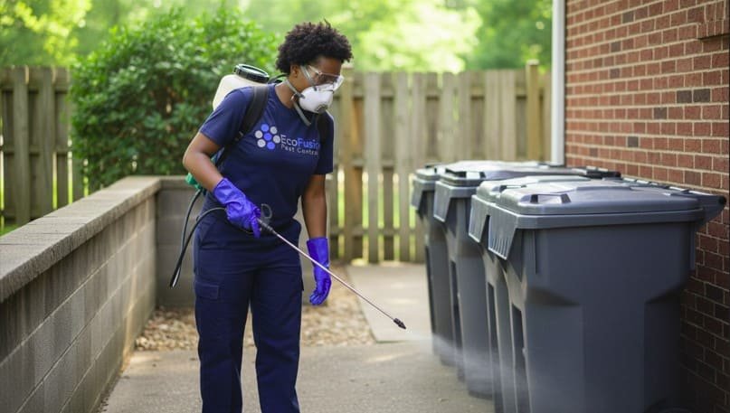 Professional pest control technician applies mosquito treatment around a residential garbage bin area, carefully spraying the ground and surrounding surfaces while wearing protective gear for safe and effective mosquito control.