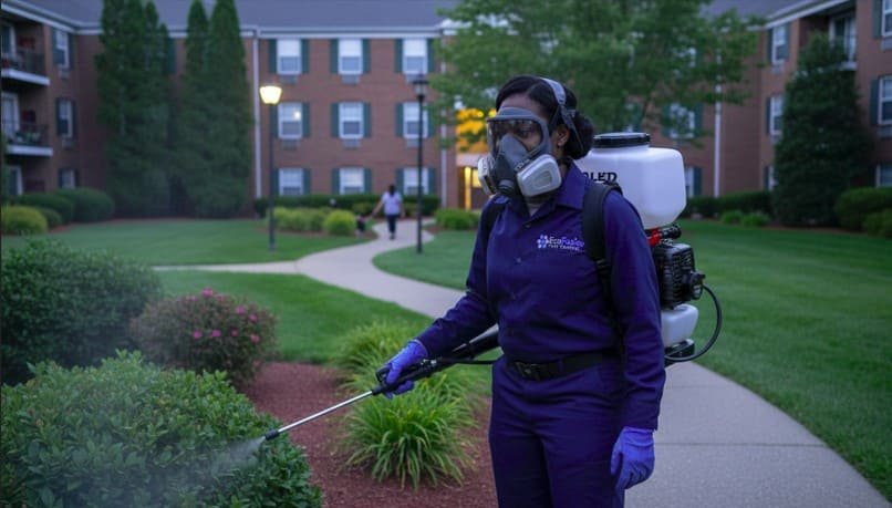 Professional pest control technician applies mosquito treatment around an apartment complex, spraying walkways and landscaped areas with a backpack sprayer while wearing protective gear for safe and effective mosquito control.