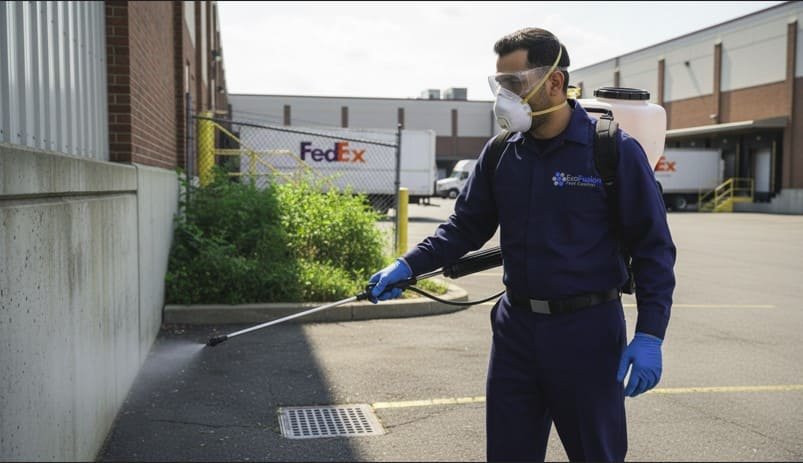 Professional pest control technician applies perimeter mosquito treatment around a commercial warehouse, spraying foundation edges, loading docks, and drainage areas with a backpack sprayer while wearing full protective gear for safe and effective mosquito control.