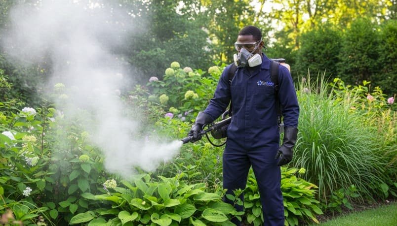 Professional pest control technician performs ULV fogging in a dense garden area, operating a commercial fogging machine to disperse treatment through shrubs while wearing full protective gear for safe and effective mosquito control.