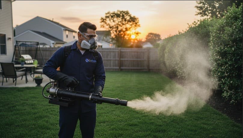 Professional pest control technician performs ULV fogging in a residential backyard at sunset, dispersing mosquito treatment with a commercial fogging machine while wearing full protective gear for safe and effective mosquito control.