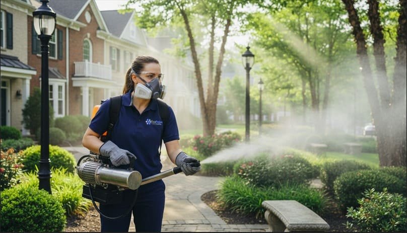 Professional pest control technician performs ULV mosquito fogging in a community common area, carefully treating walkways, bushes, and seating spaces with a commercial fogging machine while wearing full protective gear for safe and effective mosquito control.