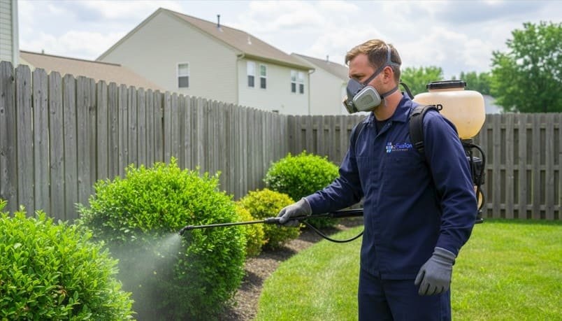 Professional pest control technician performs mosquito barrier spray treatment in a residential backyard, applying targeted solutions to shrubs, fence lines, and lawn edges using a backpack sprayer while wearing protective gear for safe and effective mosquito control.