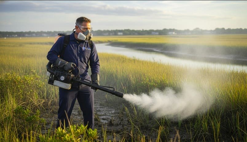 Professional pest control technician performs mosquito fogging treatment near wetland edges, operating a powered fogging machine to disperse mist while wearing full protective gear for safe and effective mosquito control.