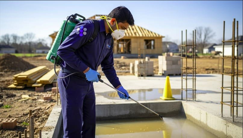 Professional pest control technician performs mosquito treatment at a construction site, spraying standing water near foundation areas with professional equipment while wearing protective gear for safe and effective mosquito control.