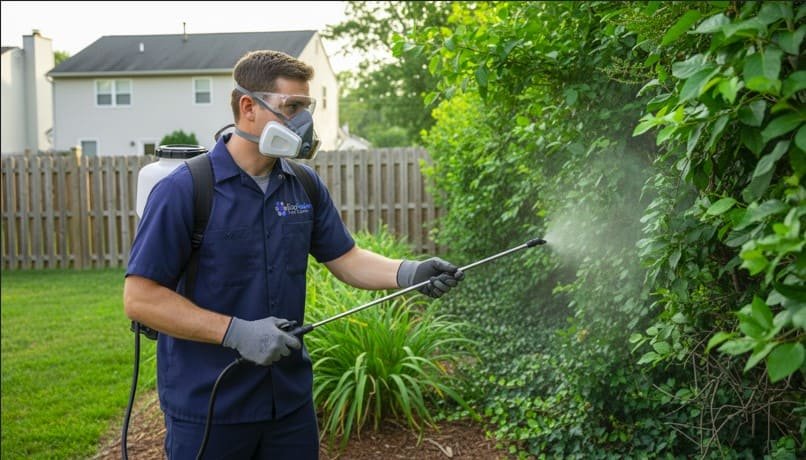 Professional pest control technician sprays dense vegetation along a backyard fence line, using a backpack sprayer while wearing protective gear to ensure safe and effective mosquito control in a residential setting.
