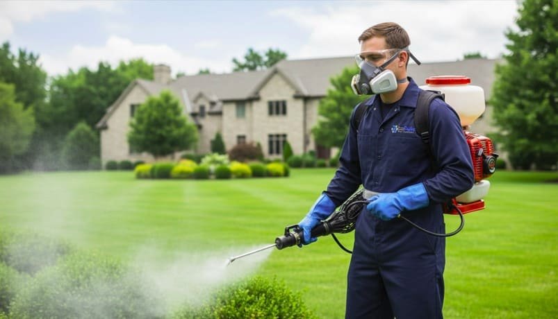 Professional pest control technician treats a large estate lawn, operating a powered mist blower to evenly apply mosquito control treatments while wearing full protective gear for safe and effective service.