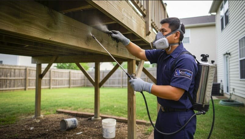 Professional pest control technician treats mosquito-prone areas under a backyard deck, actively spraying beneath the structure with a commercial sprayer while wearing protective gear for safe and effective mosquito control.