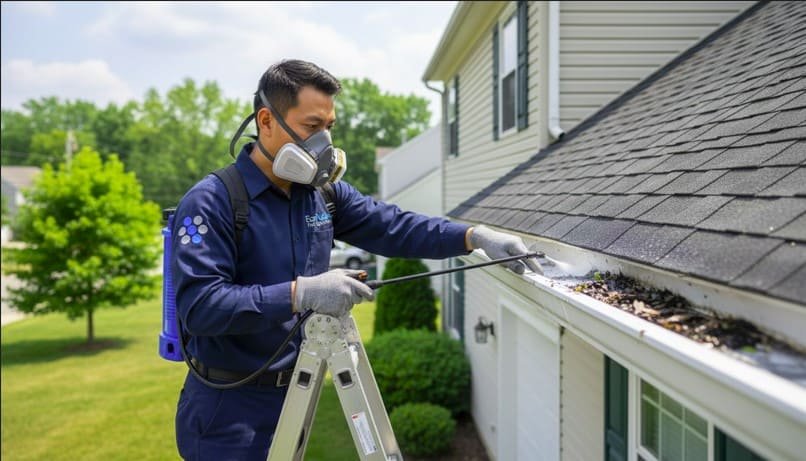 Professional pest control technician treats roof gutters for mosquito prevention, carefully applying larvicide from a ladder while wearing protective gear for safe and effective mosquito control at a residential property.
