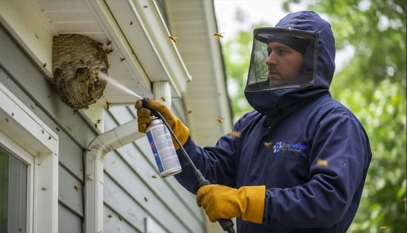 Professional wasp technician actively treats a yellow jacket nest in a house eaves corner, applying pressurized spray directly into the nest while wearing full protective gear—including gloves, boots, and a secured mesh veil—to ensure safe and precise nest elimination.