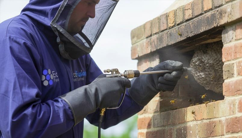 Professional wasp technician applies treatment into a chimney opening to eliminate a hidden nest, using specialized tools while wearing full protective gear—including gloves and a secured mesh veil—for safe and precise nest control.