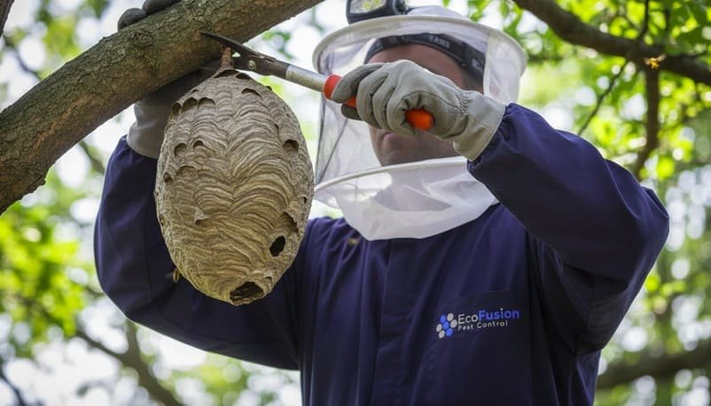 Professional wasp technician carefully cuts and secures a large hanging nest from a tree branch, using specialized tools while wearing full protective gear—including gloves and a secured mesh veil—for safe and precise nest removal.