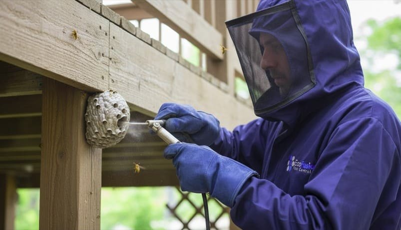 Professional wasp technician carefully removes a nest from a wooden deck support beam, using specialized tools while wearing full protective gear including gloves and a secured mesh veil to ensure safe and precise nest removal.