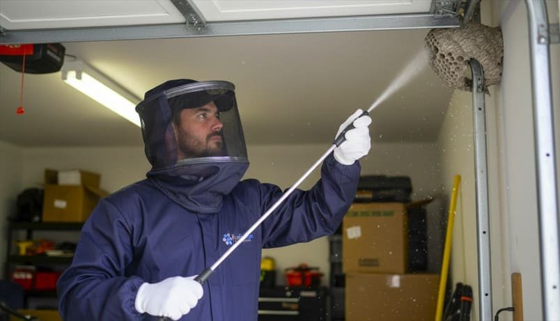 Professional wasp technician carefully treats a nest in a garage ceiling corner, applying targeted spray while wearing full protective gear—including gloves and a secured mesh veil—to ensure safe and precise indoor nest control.