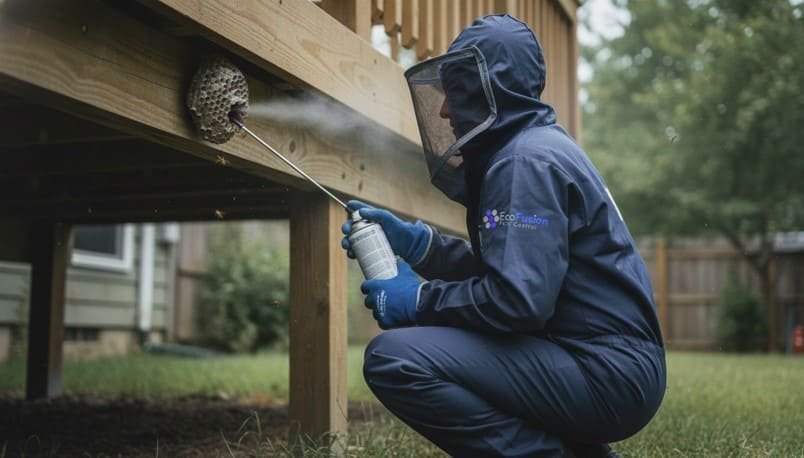 Professional wasp technician crouches under a deck to apply insecticide directly into a visible nest, wearing full protective gear—including gloves, boots, and a secured mesh veil—for safe and precise nest elimination.