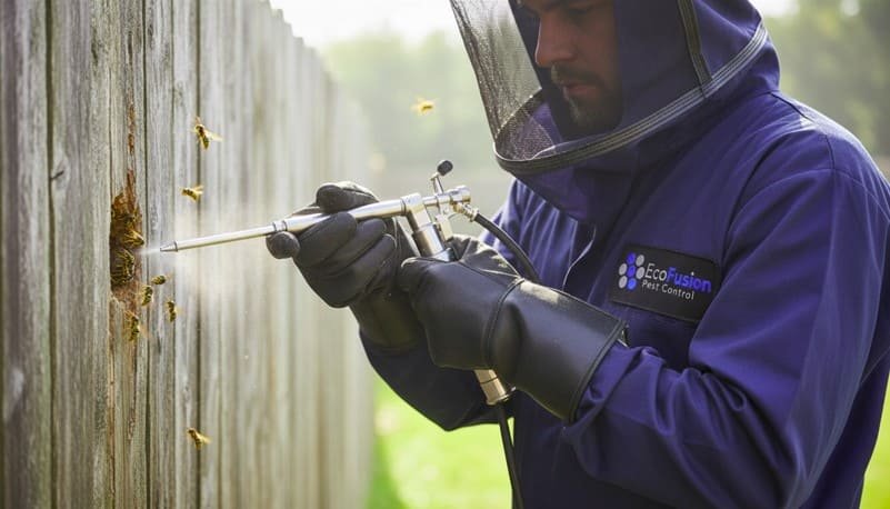 Professional wasp technician injects insecticide into a hollow fence post to eliminate a hidden nest, using a precision applicator while wearing full protective gear—including gloves and a secured mesh veil—for safe and targeted treatment.