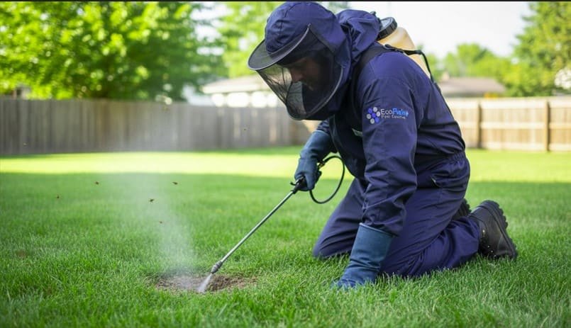 Professional wasp technician kneels to apply insecticide directly into an underground yellow jacket nest entrance, wearing full protective gear—including gloves, boots, and a secured mesh veil—for safe and precise nest treatment.