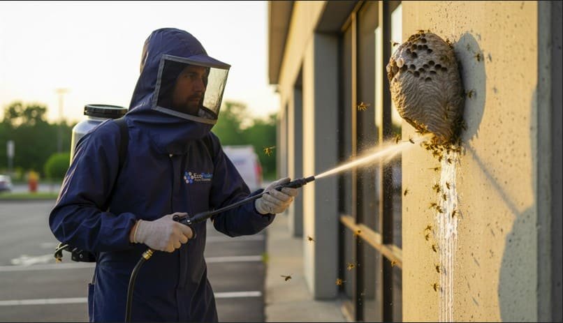 Professional wasp technician treats a large nest on a commercial building wall, applying targeted spray directly into the nest while wearing full protective gear—including gloves, boots, and a secured mesh veil—for safe and precise wasp control.