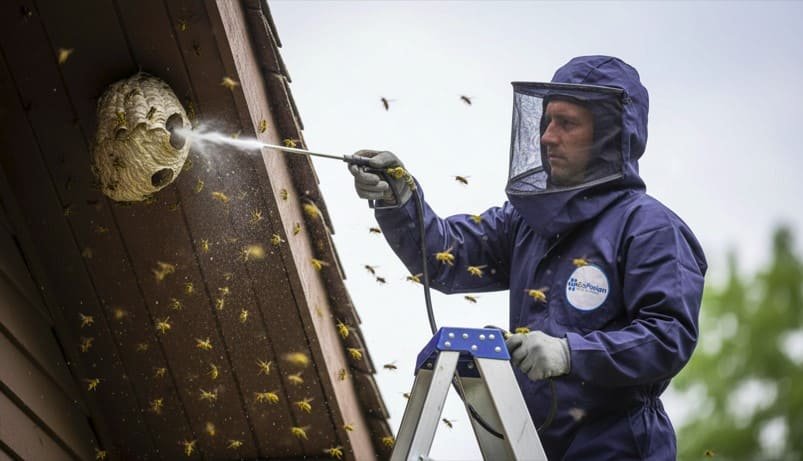 Professional wasp technician treats an active nest along a roofline from a ladder, applying a strong spray stream while wearing full protective gear—including gloves, boots, and a secured mesh veil—for safe and precise nest elimination.