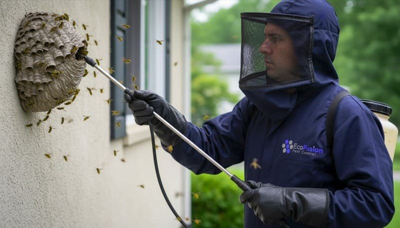 Professional yellow jacket technician actively injects treatment into a large nest on a residential wall, using specialized tools while wearing full protective gear—including gloves, boots, and a secured mesh veil—for safe and precise nest removal.