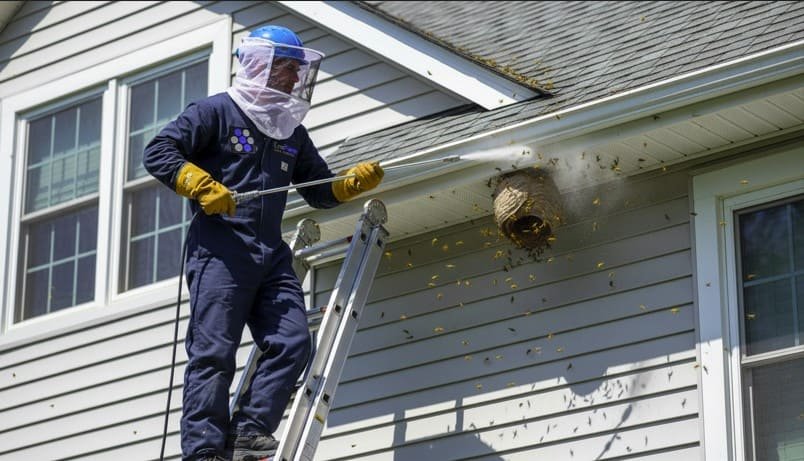 Professional yellow jacket technician removes an active nest from a residential roof edge, applying insecticide with an extension sprayer while wearing full protective gear—including gloves, boots, and a secured mesh veil—for safe and precise nest control.